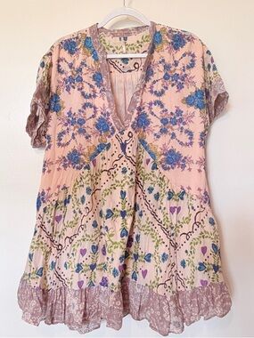 Free People Pink Floral Midi Dress with Blue and Purple Accents